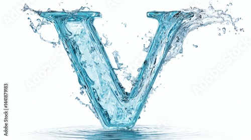 Water Letter V Font, Liquid Alphabet, Aqua Character, Blue Splash Effect, White Background