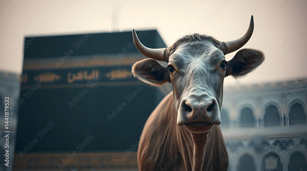 Fototapeta premium Eid al adha celebration, Eid ud Duha banner concept, A Cow with Kaaba, Islamic Celebration Day, Generative Ai