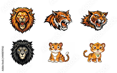 Set of Full body and face  tiger logo design vector template. Black and white color silhouette tiger vector illustration. design on a white background