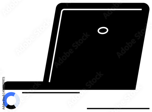 Bold black laptop in profile view, complemented by geometric shapes and clean lines. Ideal for technology, digital workspace, online communication, remote work, modern design, creative projects, flat