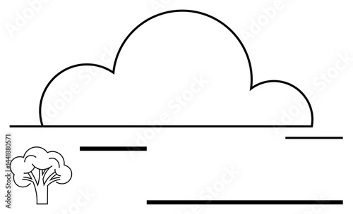 Cloud outline above horizontal lines with small tree symbolizing nature, minimalism, and clarity. Ideal for weather, environment, simplicity, sustainability, tranquility, growth flat simple metaphor