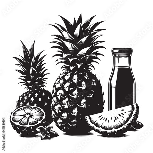 a fresh pineapple fruit vector silhouette, vector black color silhouette, isolated white background 