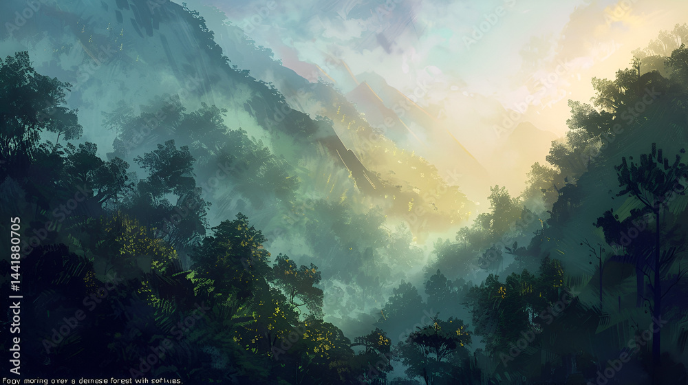 Artistic rendering of a misty mountain range covered in dense forest with soft light filtering through Artistic rendering of a misty mountain range covered in dense forest with soft light filtering through