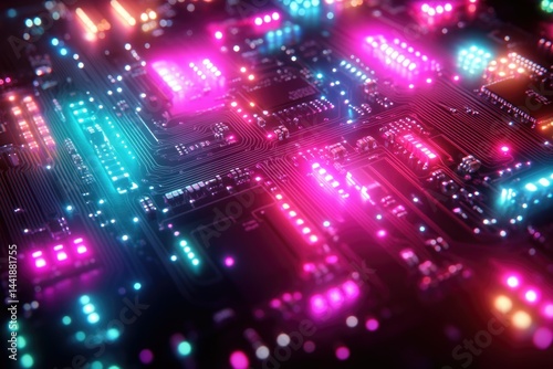 Close-up of a vibrant circuit board with neon lights illuminating its intricate pathways and components.