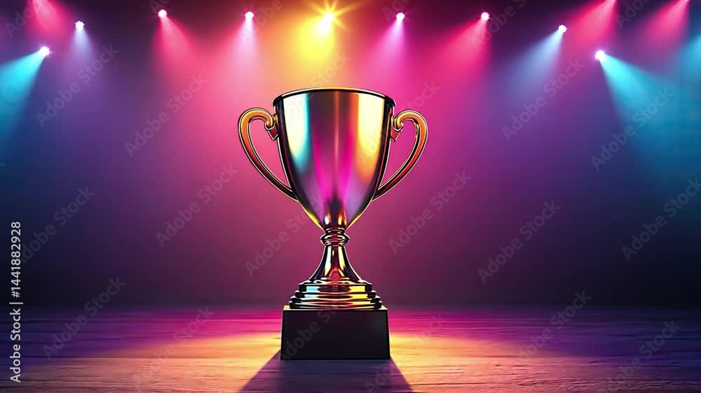 Shiny trophy on stage, illuminated by colorful spotlights, symbolizes achievement and success, creating vibrant atmosphere for celebration and recognition.