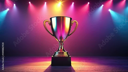 Shiny trophy on stage, illuminated by colorful spotlights, symbolizes achievement and success, creating vibrant atmosphere for celebration and recognition.