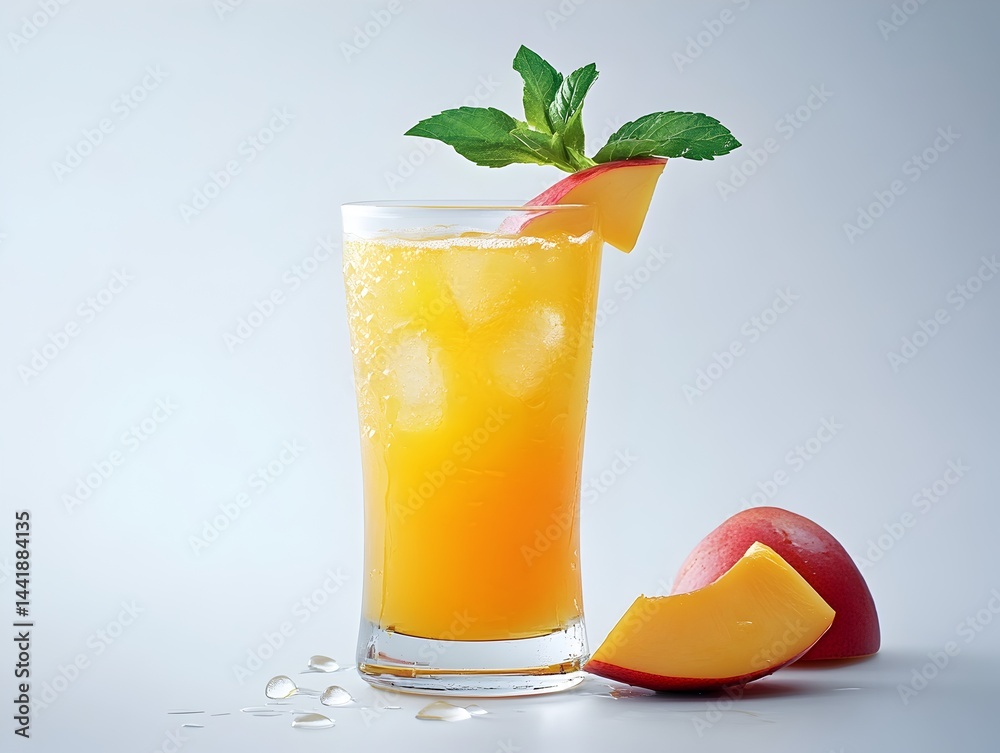Fototapeta premium Refreshing peach iced tea cocktail garnished with mint and peach slices in a tall glass with ice cubes on a light gray background.
