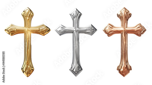 Gold, Silver, Bronze metal Christian cross, isolated background. Christianity, faith, religion, church, prayer