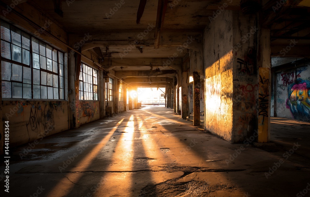 Fototapeta premium Sunlit Abandoned Industrial Building Interior with Graffiti