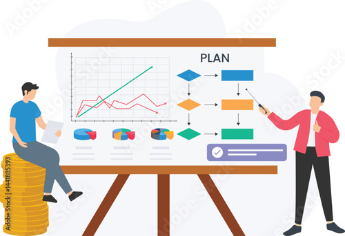 Businessman pointing at a whiteboard with flowcharts, graphs, and pie charts while a colleague evaluates results sitting on a pile of coins

