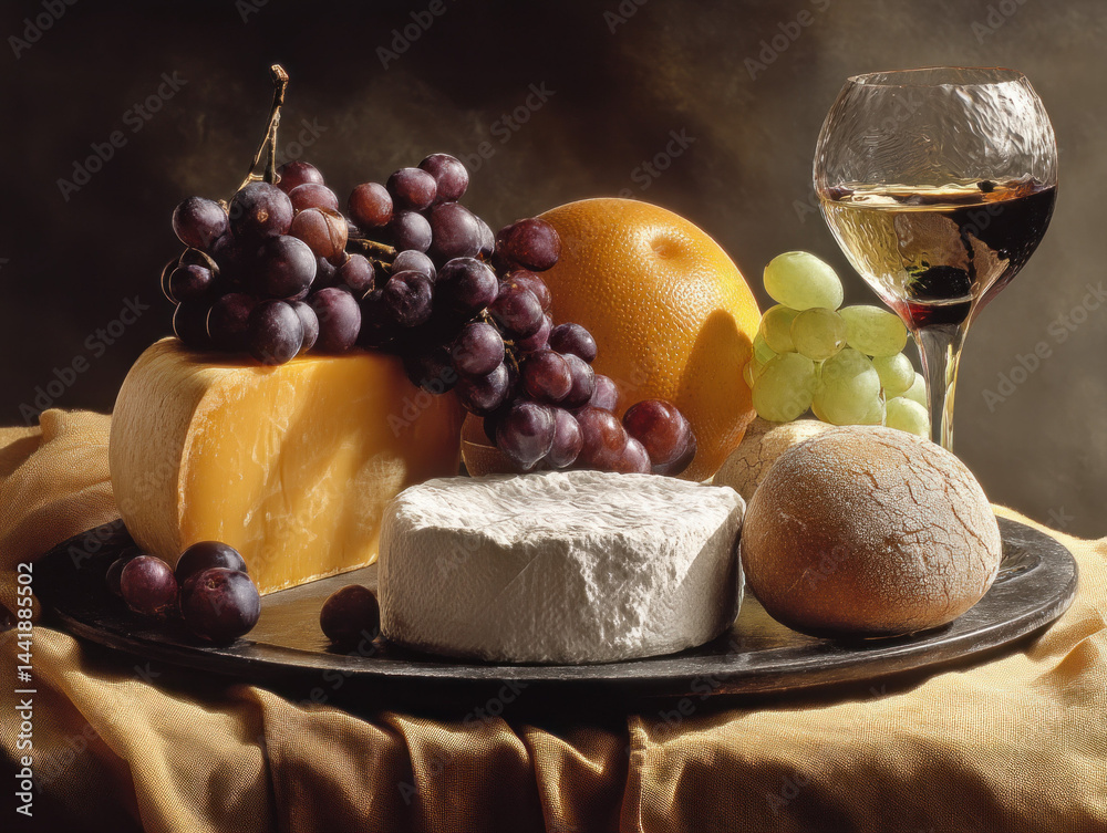 A classic pairing of cheese and fresh grapes on a platter