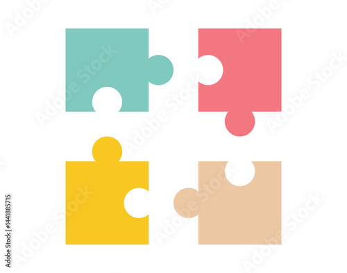 four identical puzzles colorful icon set. Decorative concept of game, education or work, combining puzzle parts
