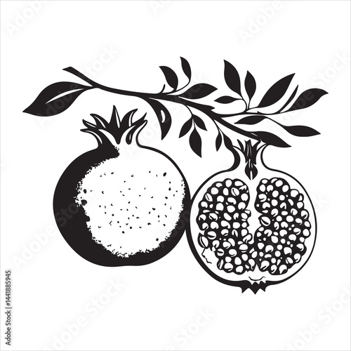 a fresh pomegranate fruit vector silhouette, vector black color silhouette, isolated white background. 
