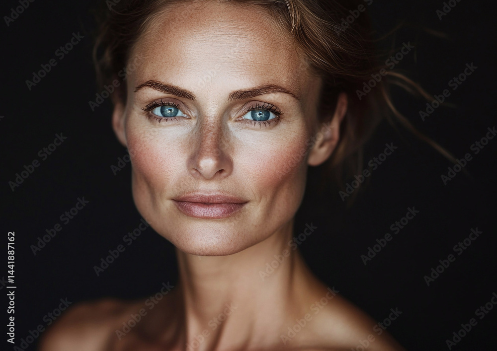 Fototapeta premium Middle age nature beautiful woman with natural makeup and hairstyle during studio portrait photoshoot on black background.Macro.AI Generative.