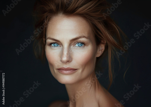 Middle age nature beautiful woman with natural makeup and hairstyle during studio portrait photoshoot on black background.Macro.AI Generative.