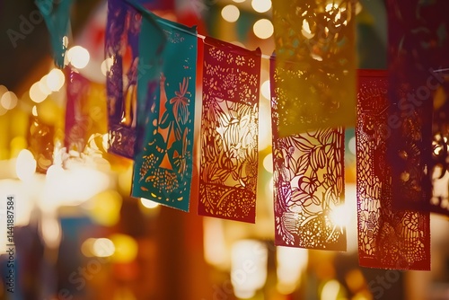 Vibrant papel picado flags flutter gracefully against a dreamy, softly blurred background, displaying elaborate designs