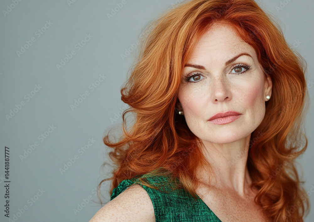 Fototapeta premium Middle age mature older beautiful woman with natural makeup and ginger red hair wearing green clothing.Macro.AI Generative.