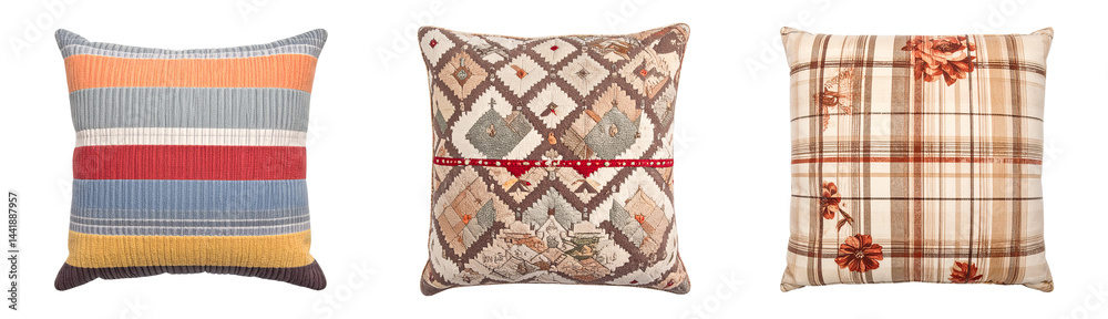 Fall-Themed Throw Pillows with Plaid and Quilted Patterns PNG Set with Transparent Background Fall-Themed Throw Pillows with Plaid and Quilted Patterns PNG Set with Transparent Background