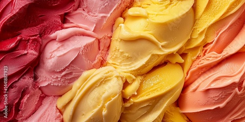 Italian gelato creamy ice cream close up textured background with various colors and flavores.Macro.AI generative.