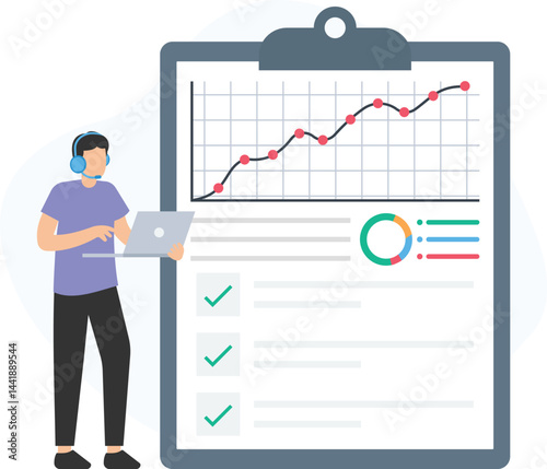 Support agent wearing headset working with laptop analyzing positive statistics, increasing graph, pie chart, checklist, and business tasks on a giant clipboard

