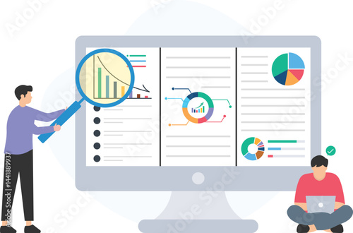 Project managers analyzing declining sales through data visualization and business intelligence software, strategizing marketing plans while reviewing financial reports and research insights

