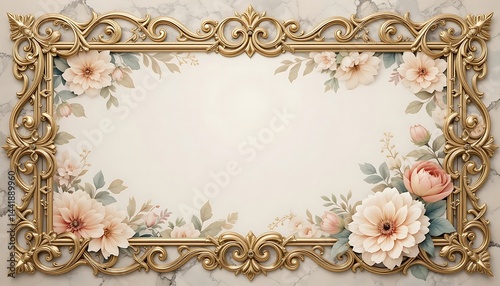 Elegant Gold Frame with Pastel Flowers on Marble Background for Invitations