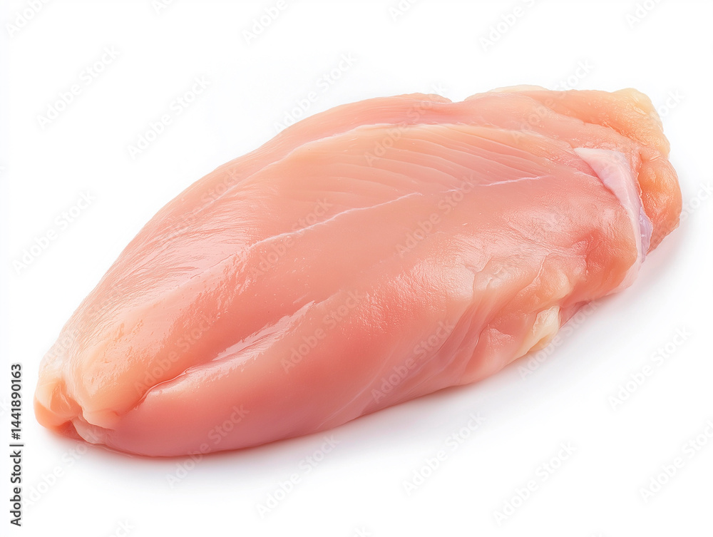 A single, raw, skinless chicken breast fillet isolated on a white background, showcasing its smooth texture and pale pink color, ready for cooking.