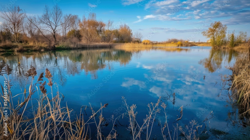 Fototapeta premium Still blue water reflecting sky. stock photo --ar 16:9 --raw --v 6 Job ID: 2a2f8bee-1746-4828-96e8-c15817628155