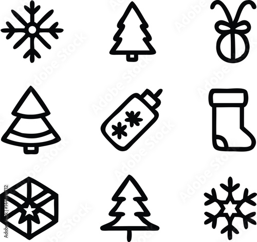 Winter and Christmas Icon Silhouette Collection. Holiday Season Silhouettes for Design Projects. Festive Winter Icon Set for Creative Use. Christmas and Snow Icons in Silhouette Style
