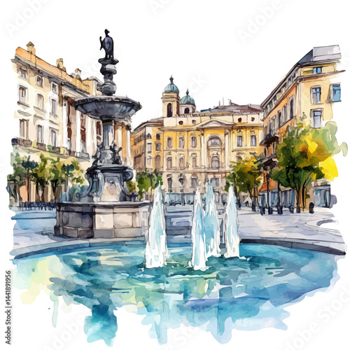 illustration of Old City Square With Fountains, watercolor vector, isolated on a white background.