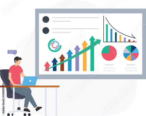 Businessman working with his laptop and analyzing growing statistics, charts and pie graphs showing positive results on a presentation screen

