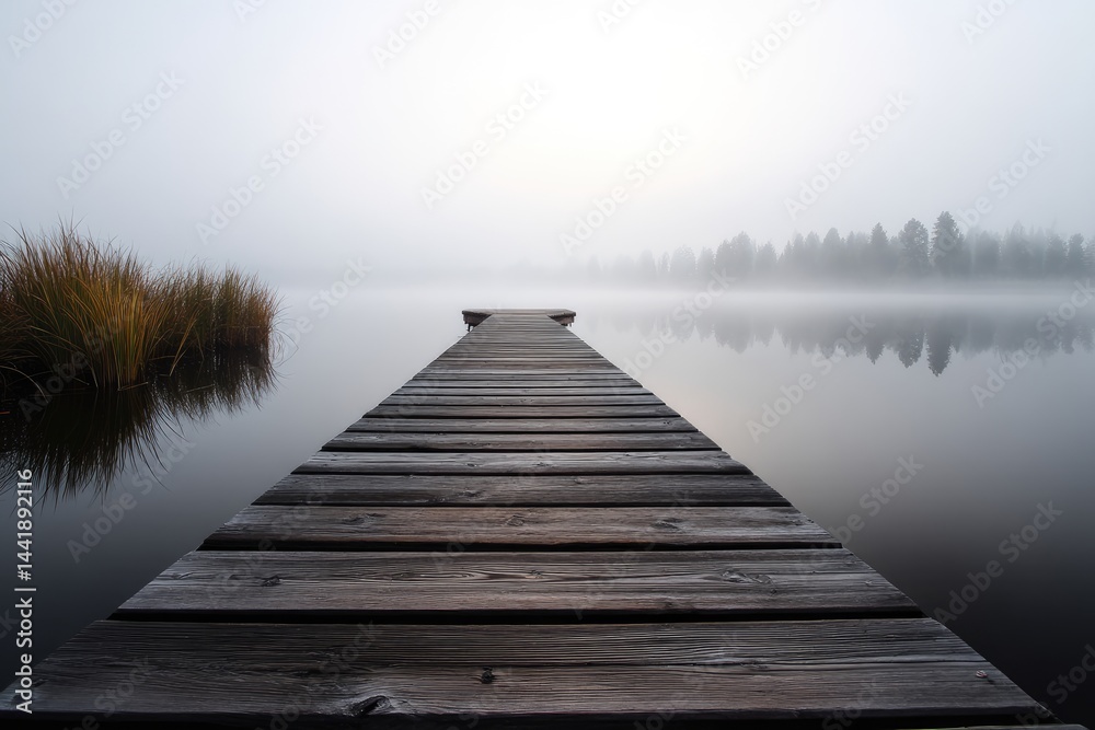 Obraz premium Misty lake dock extending into tranquil morning light.