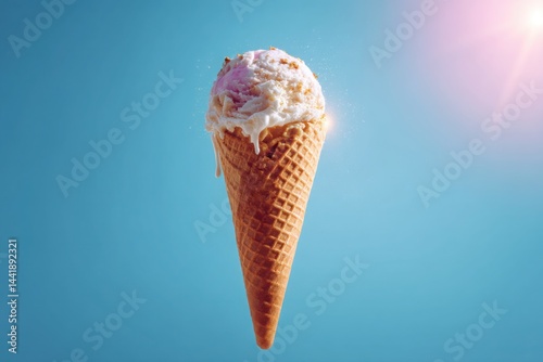 Ice cream cone melting under bright sunlight with pastel blue background, symbol of fleeting sweet summer moments