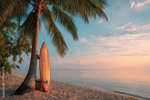 Surfboard leaning on coconut tree at sunrise beach, soft pastel sky colors reflecting on calm water, summer adventure concept