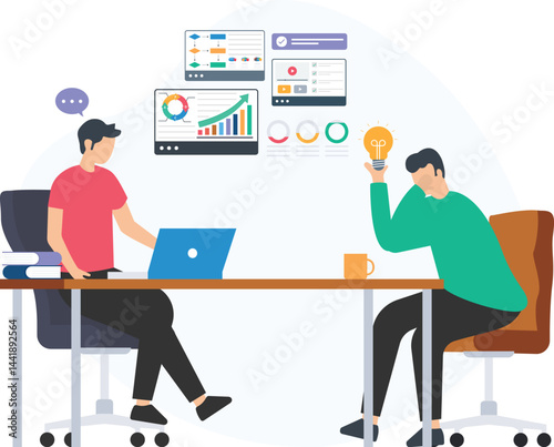 Two software developers working together at desk in office, analyzing graphs, charts and flowcharts on computer screens, one holding light bulb having a new idea for project

