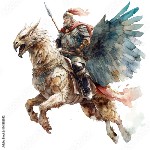 Noble King Riding A Griffin Into Battle, watercolor vector, isolated on a white background.