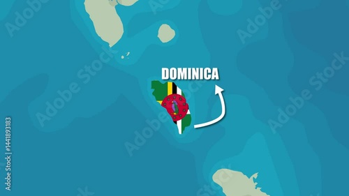 Map of Dominica Zooming Animation with Flag Rotating and Text Display 4K Video Full HD