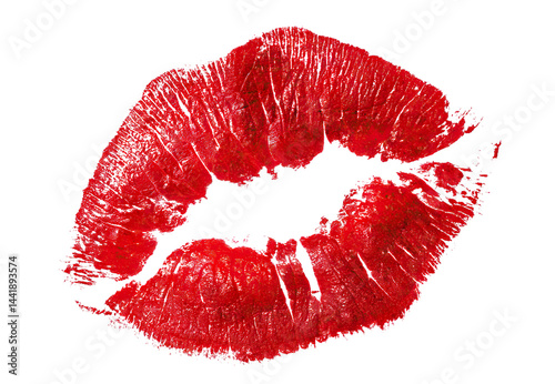 Red lipstick kiss imprint on white background, isolated on transparent cutout background