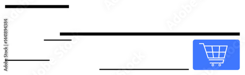 Minimalist blue shopping cart on clean layout emphasizes e-commerce, retail, and technology. Ideal for online shopping, digital marketplaces, retail apps, tech solutions, innovation, commerce