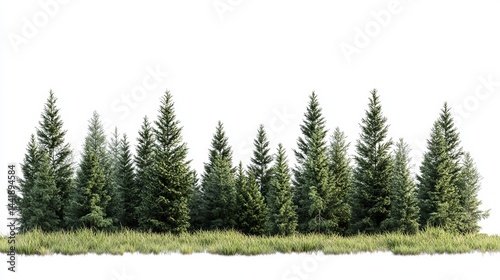 Fototapeta Naklejka Na Ścianę i Meble -  Green evergreen coniferous forest trees nature landscape background fir row sky pine line woods image