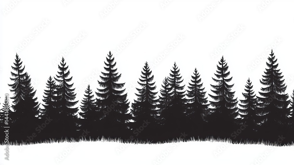 Obraz premium Majestic evergreen forest silhouette graphic design illustration fir art pine trees woods black white