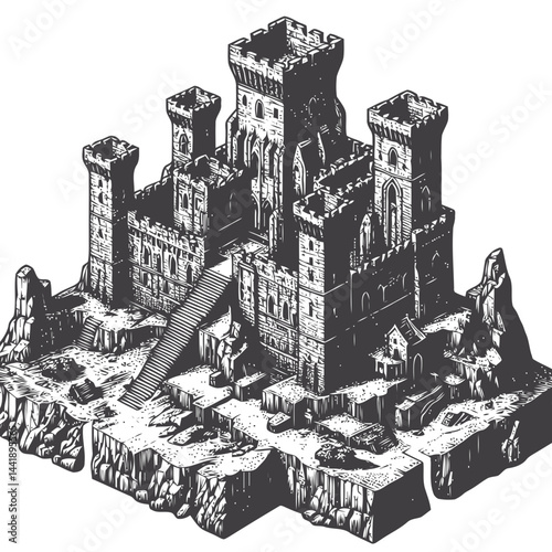 Detailed medieval castle ruins illustration with dramatic lighting showcasing ancient stonework, architectural decay, and historical ambiance for educational or creative design use.