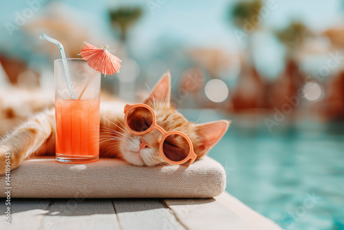 A humorous image of a ginger cat wearing round orange sunglasses, relaxing on a sun lounger next to a refreshing orange cocktail with a straw and a paper umbrella, by a blurred swimming pool, evoking 