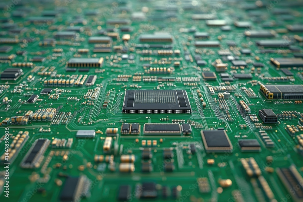 Obraz premium Close-up view of a complex computer circuit board with a central processor.