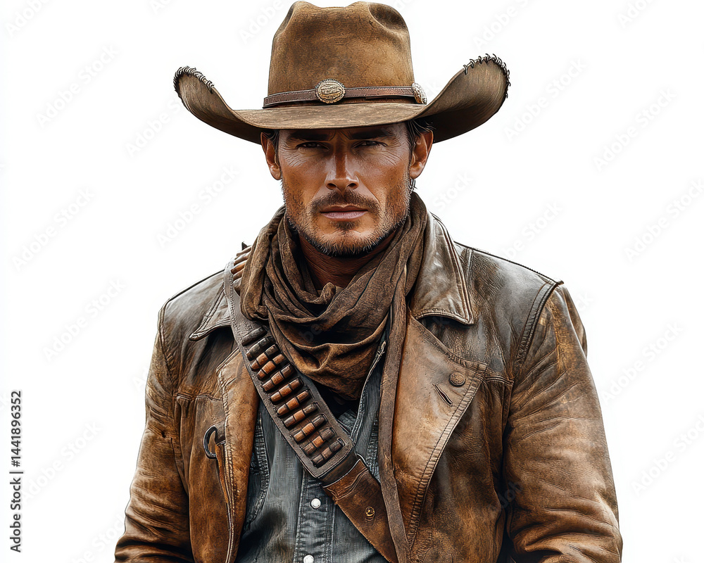 Image of a Cowboy in Leather Jacket and Hat on White Background for Western Theme