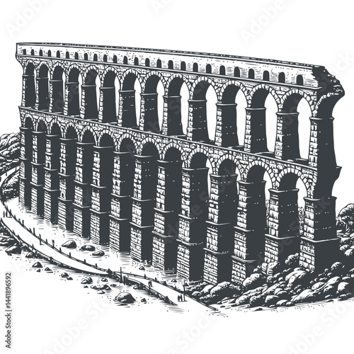 Roman aqueduct crumbling under the influence of nature, covered in moss and plants, representing a significant historical site of ancient architecture