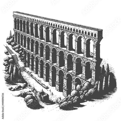 Roman aqueduct covered by ivy and plants in a historic landscape, showcasing the beauty and significance of ancient structures