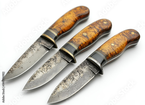 High-quality close-up shot of three rustic Damascus steel knives with wood handles isolated on white background photo