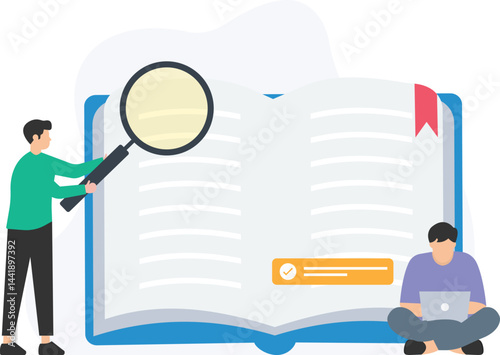 Illustration depicting a person using a magnifying glass to examine a large open book, while another individual works on a laptop. Symbolizes research, learning, and technology integration


