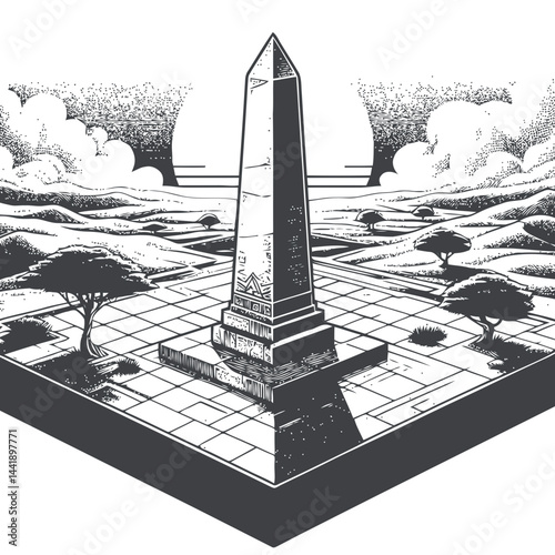 Ancient lonely stone obelisk surrounded by grass and clouds, symbolizing history, architecture, and the passage of time with intricate stone details.